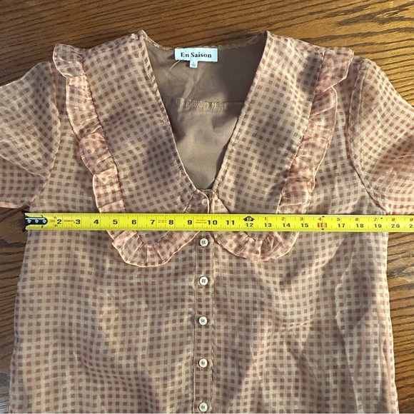 En Saison Size L Check Print Sheer Long Sleeve Blouse Ruffle Collar Lined Button - Picture 10 of 13